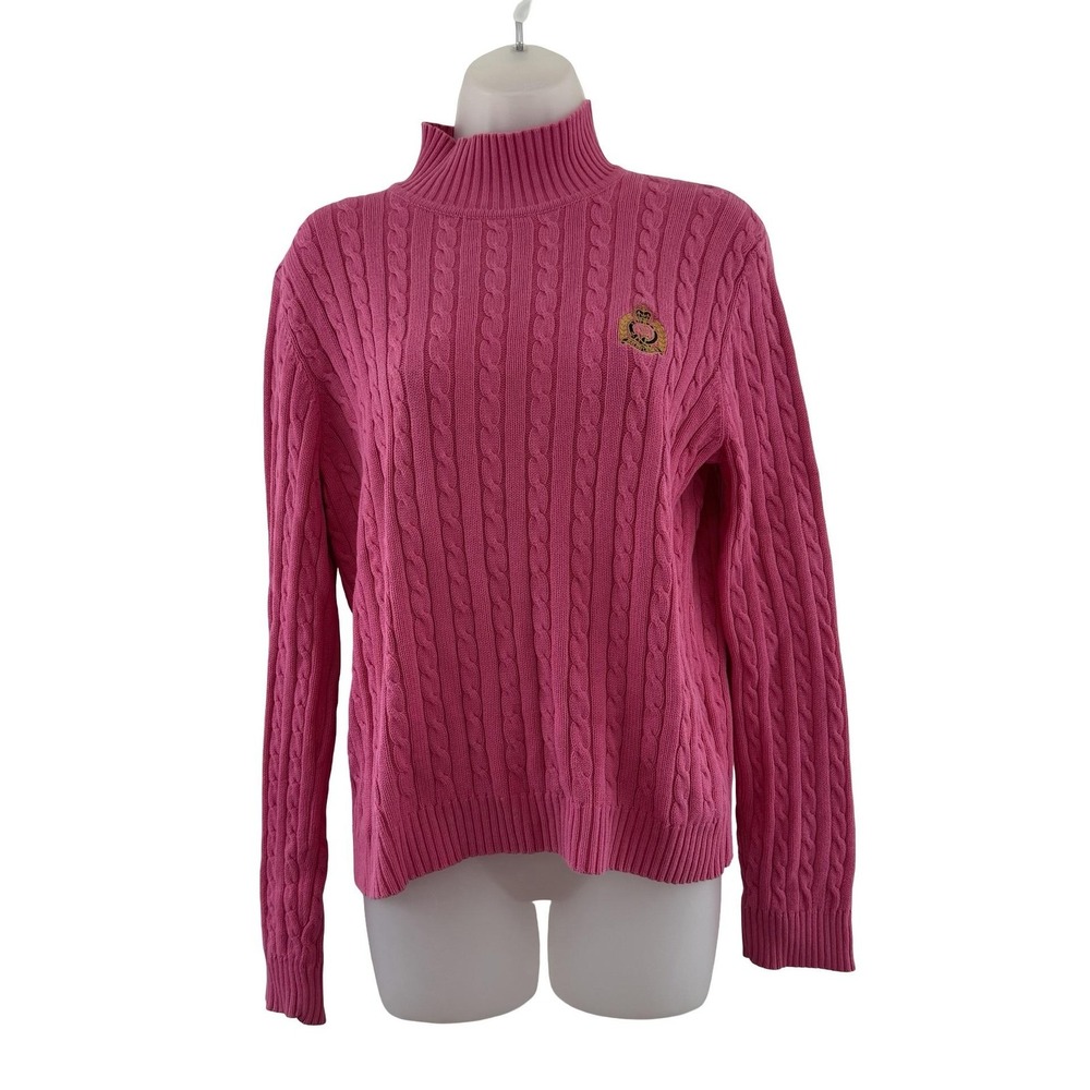 Lauren Ralph Lauren Sweater Womens Medium Pink Cable Knit Mock Neck Crest Logo